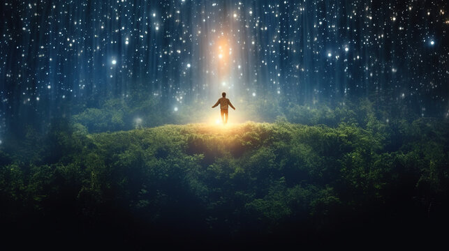Person having a mystical experience at nature, surrounded by light and sparkles. Spiritual magic, transcendence, astral projection, and energy healing concepts.
