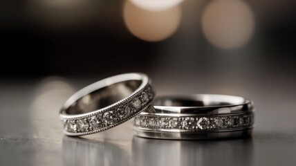 Ai generated. Close up macro two diamond engagement rings on a blurry bokeh background. wedding concept