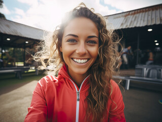 A happy woman is outdoors, playing sports, and decides to capture the moment by taking a selfie. Physically active woman shares her running experience.