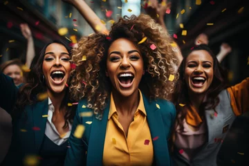 Foto op Plexiglas Happy diverse employees team celebrating success business achievement among confetti © Enigma