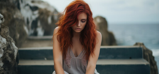 Emotionally drained young woman with red hair sitting on beach steps near rocky cliff overlooking the ocean, broken spirit, feeling depressed, sadness in lonely solitude, broken heart.