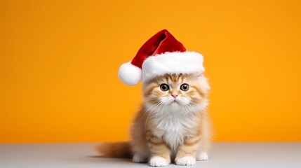 Cute cat wearing Santa's hat isolated on orange background with copy space, Christmas celebration banner. - Powered by Adobe