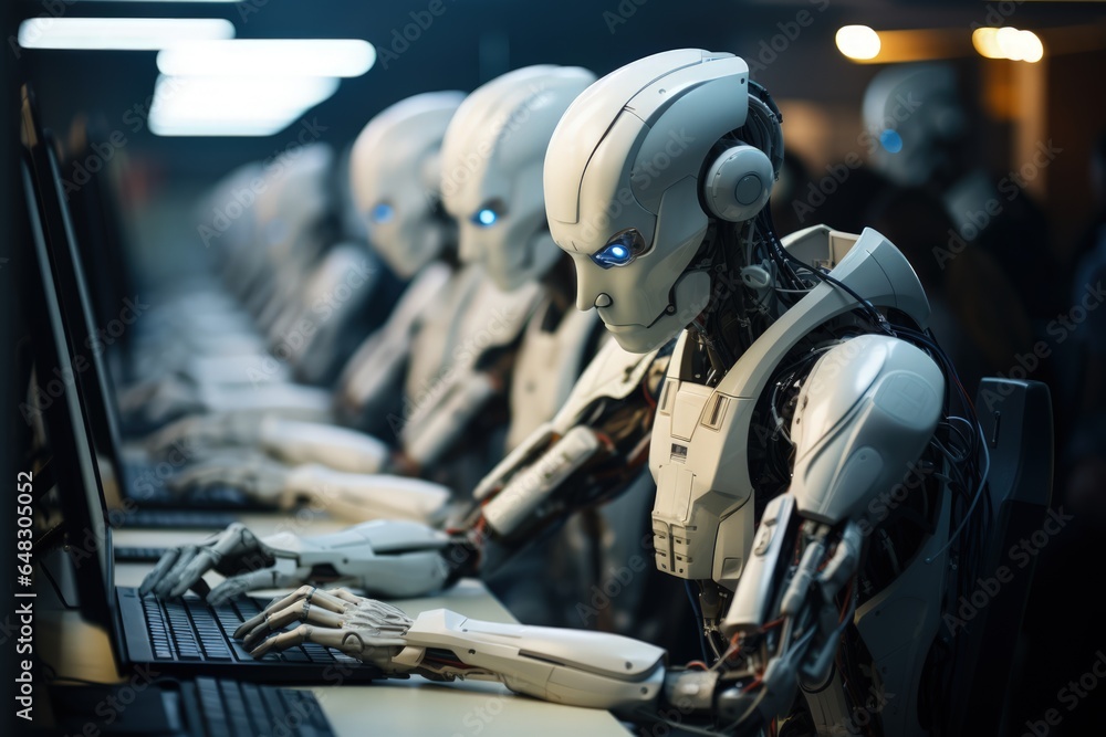 Poster many identical ai robots sitting at desk in the office and working with computers, one robot is look