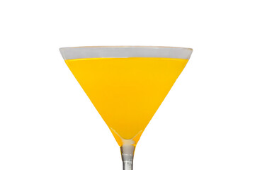 A martini glass with a yellow alcoholic beverage on an white isolated background, close up