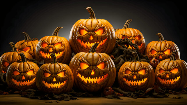 many different pumpkins against a dark background (Generative AI)	
