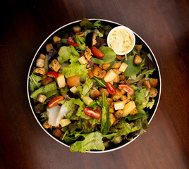 refreshing colorful lettuce salad tomato croutons cheese bowl delicious macro top view