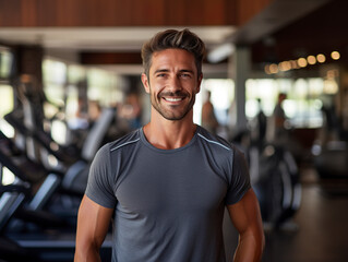 Fototapeta premium A portrait of a happy young man smiling radiantly in a gym environment. Fitness and muscular man in gym in style with healthy lifestyle.