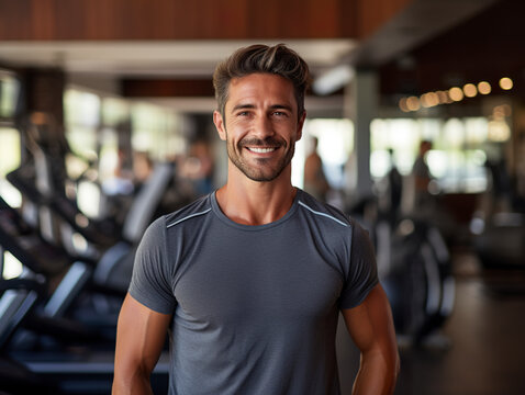A portrait of a happy young man smiling radiantly in a gym environment. Fitness and muscular man in gym in style with healthy lifestyle.