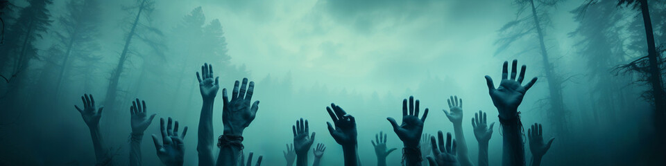 Haunting Still Frame of Zombie Apocalypse, Group of Hands Reaching Up in Air, Ideal for Halloween Banner Background - obrazy, fototapety, plakaty