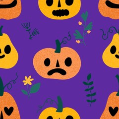 Halloween cartoon pumpkins seamless autumn pattern for festive packaging and wrapping paper and fabrics