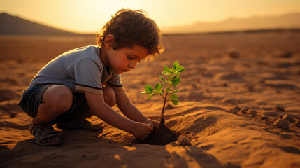Young boy planting in desert landscape; symbolizing hope, climate action, and a brighter environmental future for our children. - obrazy, fototapety, plakaty