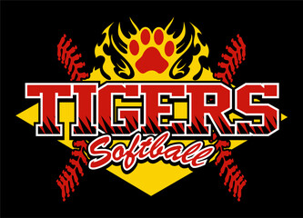 tigers softball team design with flaming paw print for school, college or league sports