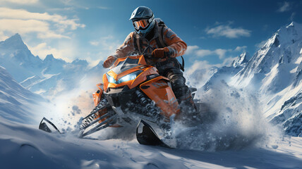 Man driving snowmobile in winter mountain background. Extreme snowmobile rider in helmet racing machine.  Winter sports fun moto extreme suit, Winter recreation Active lifestyle. generative ai