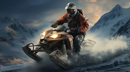 Foto op Canvas Man driving snowmobile in winter mountain background. Extreme snowmobile rider in helmet racing machine.  Winter sports fun moto extreme suit, Winter recreation Active lifestyle. generative ai © Syntetic Dreams