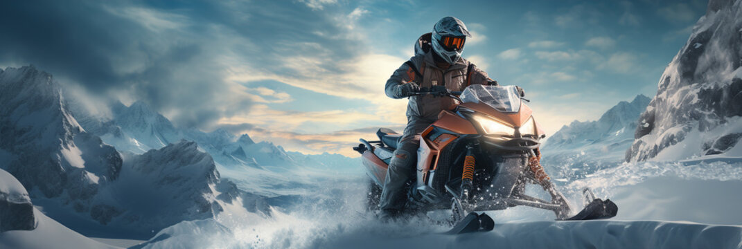 Man driving snowmobile in winter mountain background. Extreme snowmobile rider in helmet racing machine.  Winter sports fun moto extreme suit, Winter recreation Active lifestyle. generative ai