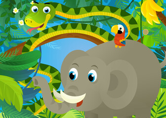 cartoon scene with jungle animals being together snake elephant and other illustration for children