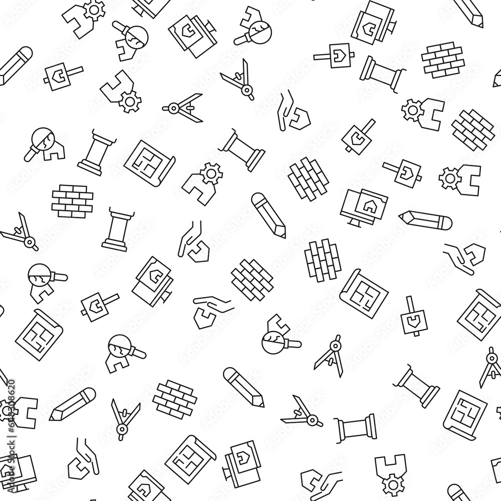 Poster building and construction seamless vector pattern made of line icons. suitable for web wrapping, pri