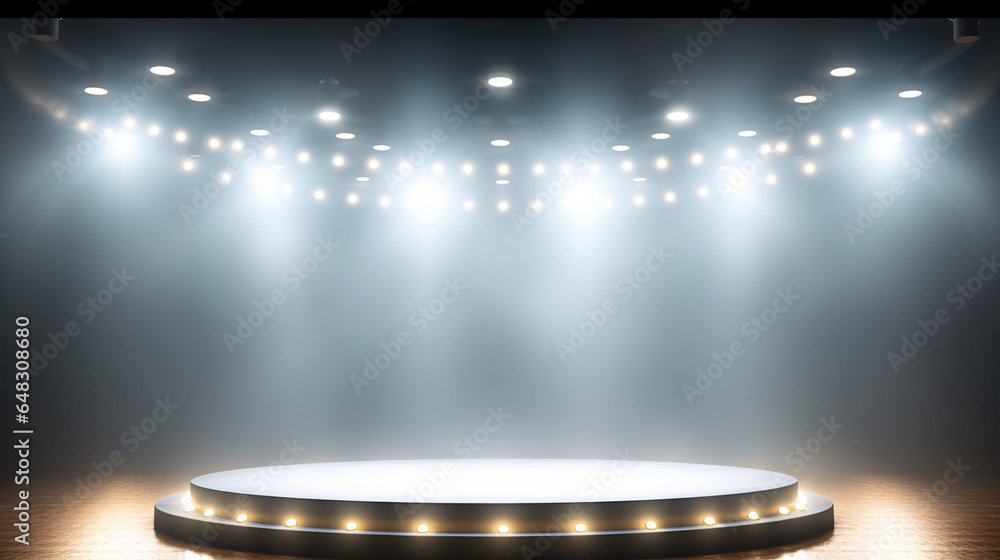 Wall mural stage with spotlight for product display, round podium illuminated by searchlights