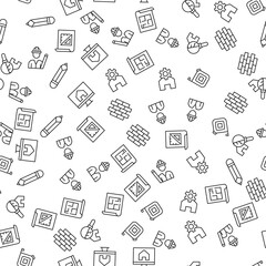 Pencil, Builder, Gear over House, Floor Plan Seamless vector pattern made of line icons. Suitable for web wrapping, printing, web sites, apps