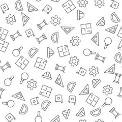 Liner, Measure Tape, Column, Floor Plan, Gear, Builders Helmet Seamless vector pattern made of line icons. Suitable for web wrapping, printing, web sites, apps