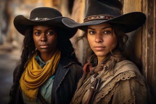 Wild West girls, westerns, outlaws and bandits, sheriffs, robbers and lawmen, stylization and glamour, authenticity of Texas fierce look of self-confidence .
