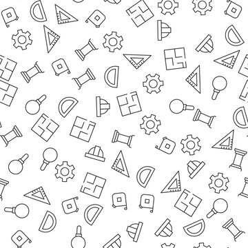 Liner, Measure Tape, Column, Floor Plan, Gear, Builders Helmet Seamless vector pattern made of line icons. Suitable for web wrapping, printing, web sites, apps