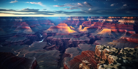 Grand Canyon National Park sunset. vibrant blue sunrise, dusk, sunset sky with orange clouds.