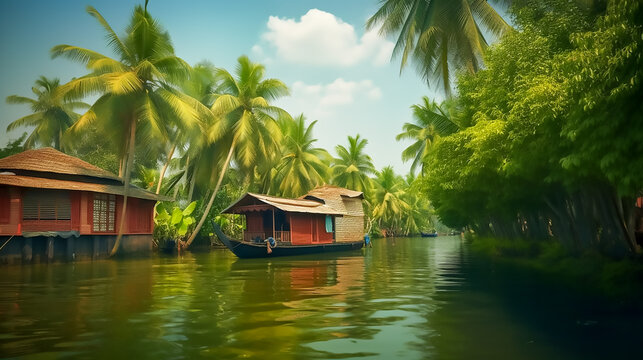 Concept of a houseboat in Kerala stat backwaters in India, a tropical paradise, Generative AI image.