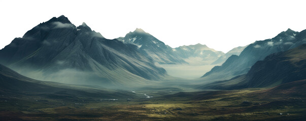 transparent PNG. a panoramic wide shot of a range of mountains. green valley. fantasy landscape. 