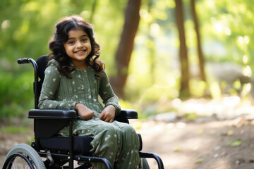 Fototapeta na wymiar A beautiful young cute model handicapped kid girl sitting in a wheelchair. child can't walk after a back spine injury. in a park with nature and trees in background
