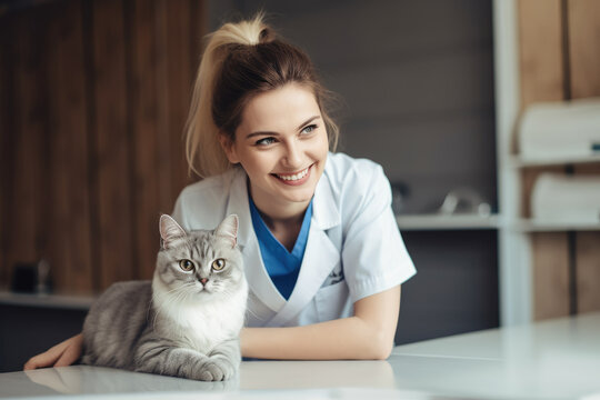 A beautiful female vet nurse doctor examining a cute happy cat making medical tests in a veterinary clinic. animal pet health checkup