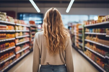 A photo of a beautiful young american woman shopping in supermarket and buying groceries and food products in the store. photo taken from behind her back.
