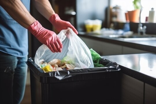 Hands Of A Person Throwing Away A Trash Garbage Bag In A Trash Bin In The Kitchen