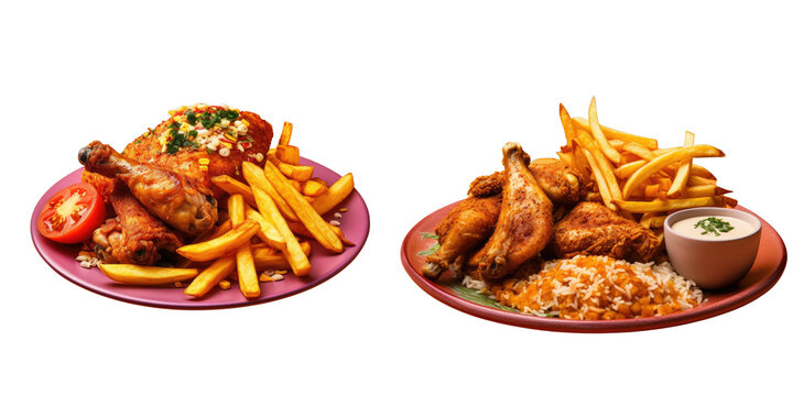 Png Set Peruvian dish called Pollo a la brasa with fries on a transparent background