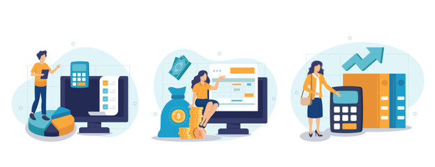 Budget bookkeeping illustration set. People doing paperwork. Characters accounting debit and credit, calculating bills and income taxes. Financial management concept. Vector illustration.	

