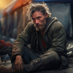 Obraz premium Homeless Beggar Man Sitting Outdoors In City on dirty tent background. bearded Man Suffering On The Street As An Outcast Of Modern Society. pure male Person Sitting on Pavement. Generative ai