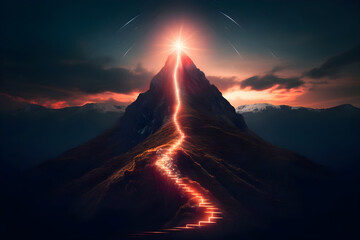 Path to success concept, with glowing light path going up the mountain