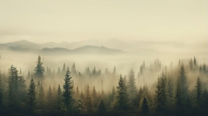 Nature background - a foggy forest with dense trees creating a serene and mysterious atmosphere