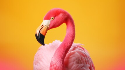 Nature background - a vibrant pink flamingo standing against a sunny yellow backdrop in nature