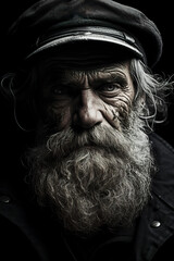 Black and white illustration of an old sea captain in high contrast. Sea captain with a wrinkled face and eyes full of vivid stories and experiences on the ocean. - obrazy, fototapety, plakaty