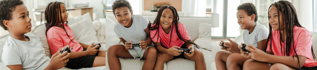 Collage, smiling positive African American kids sitting on couch in living room playing video games
