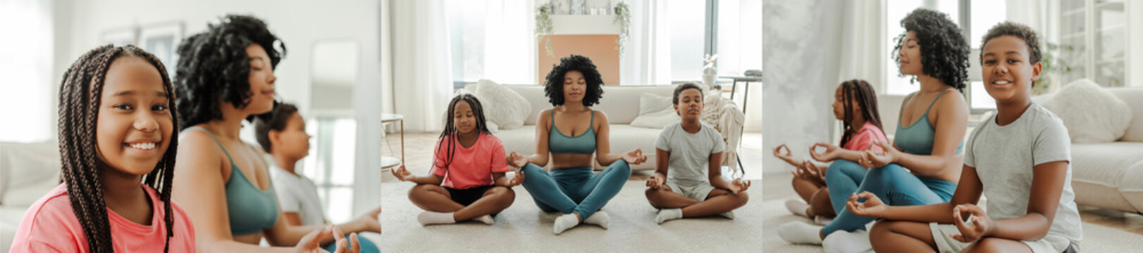 Collage, Positive Excited Children And Mother Sitting In Lotus Position, Doing Exercises At Home