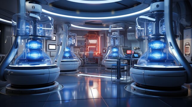 A sci - fi themed room with a lot of lights. Imaginary illustration.