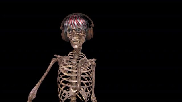 Pretty Skeleton - Disco Dancer - Rusty Headphones - Funny Halloween 3D animation isolated on transparent background with alpha channel