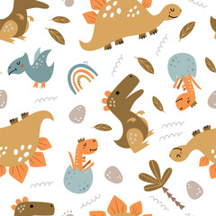 Seamless pattern with cute dinosaurs.