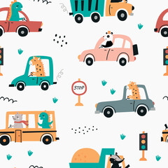 Seamless pattern with animals on cars
