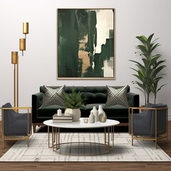 Modern Living Room with Emerald Green Velvet Sofa, Black Coffee Table, and Abstract Art