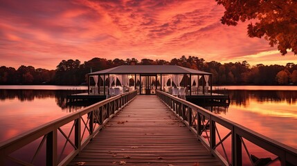 Lake wedding location on a dock with a sunset sky, Golden hour, Picture Perfect, Red Sky