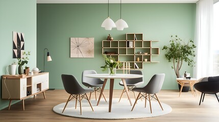 Modern Dining Space Mockup: Chairs at Round Table Against Green Wall - Scandinavian, Mid-Century Home Interior Design of Living Room