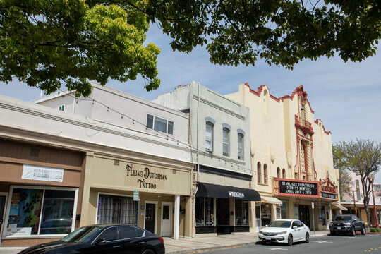 Antioch, California, USA - April 17, 2023: Afternoon light shines on the historic downtown buildings of Antioch.